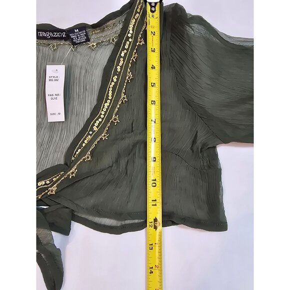 Olive Green Silk Chiffon top, cropped tie front by Magazine Size M New - Picture 11 of 11